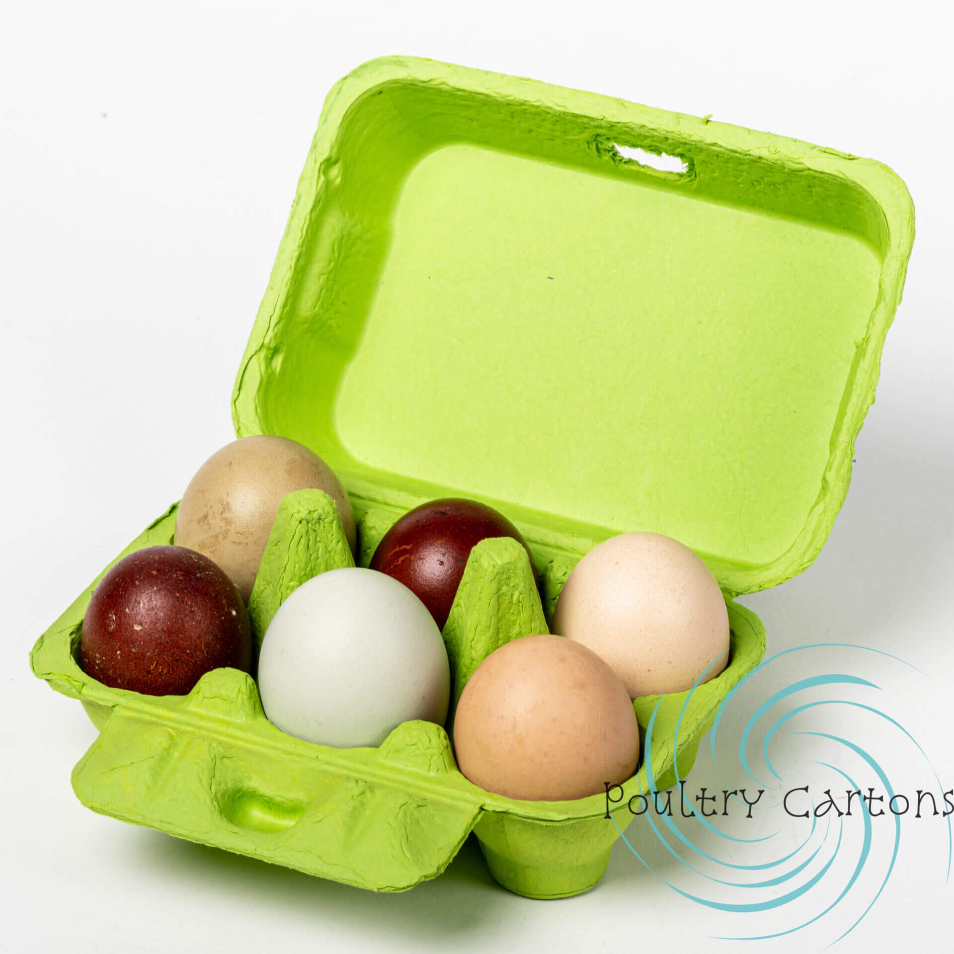 An assortment of Mermaid Colored eggs in a green Paper Pulp Chicken Egg Cartons (6 eggs).