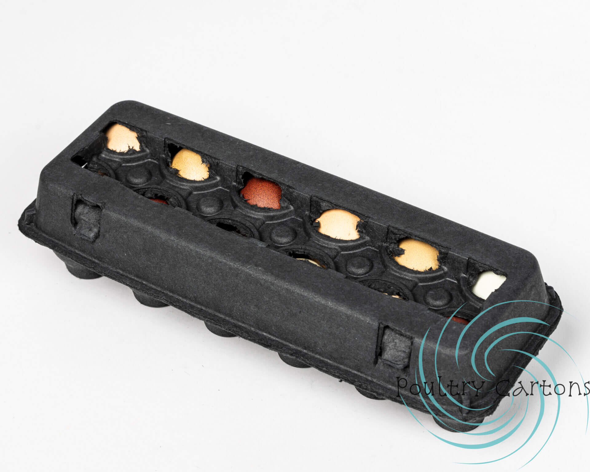 Angled black carton with mixed eggs