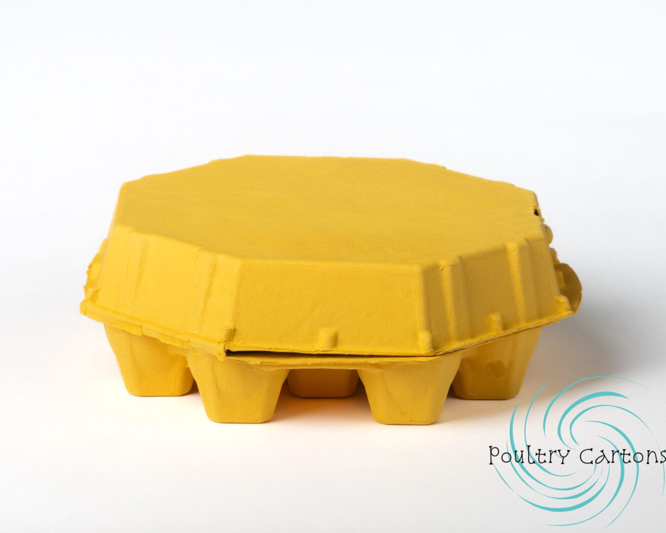 A closed Sunny Side Up yellow octagon paper pulp chicken egg carton on a white background.